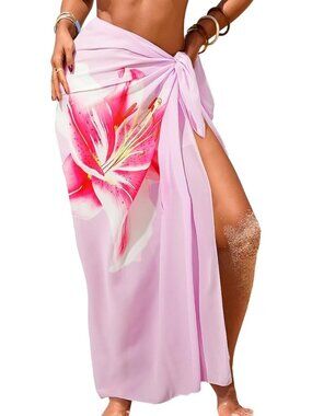 Women's Baby Pink Swimsuit High Slit Summer Floral Print Chiffon Wrap Beach